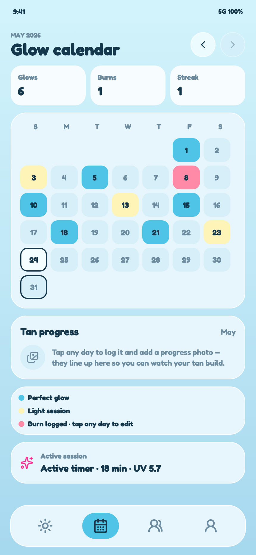 Sol Glow calendar of past sessions